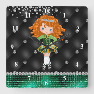 Custom Irish Dance Redhead Girl Green, Black Square Wall Clock