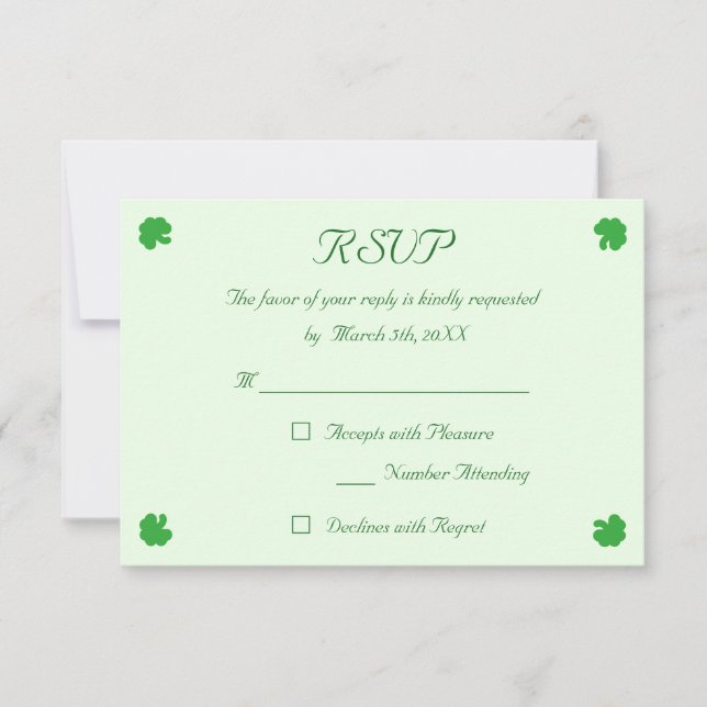 Custom Irish Green Shamrock Clover Wedding RSVP (Front)