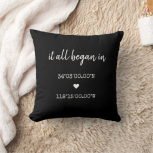 Custom It All Began Coordinates Valentines  Cushion