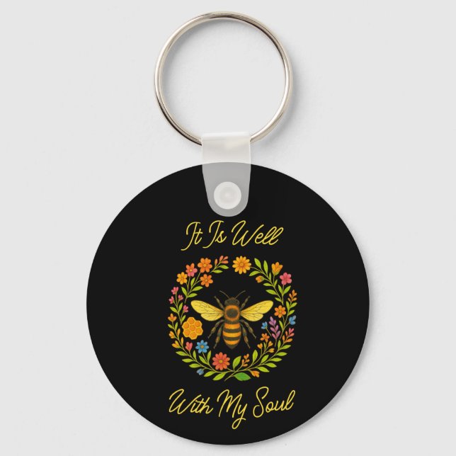 Custom "It Is Well With My Soul" Boho Honeybee Key Ring (Front)