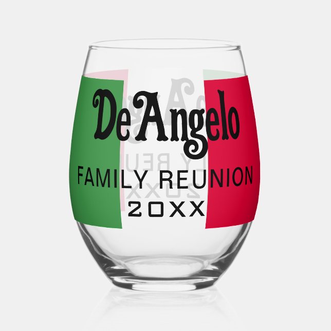 Custom Italian Surname Flag Colours Reunion Stemless Wine Glass (Front)
