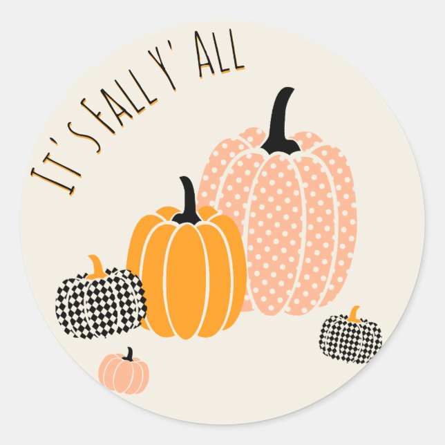 Custom It's Fall Y'All Pumpkin Chequered Dots  Classic Round Sticker (Front)