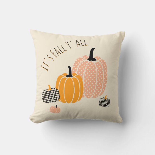 Custom It's Fall Y'All Pumpkin Chequered Dots  Cushion (Front)