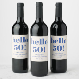 Custom Ivory Blue Modern 50th Birthday Party Favou Wine Label
