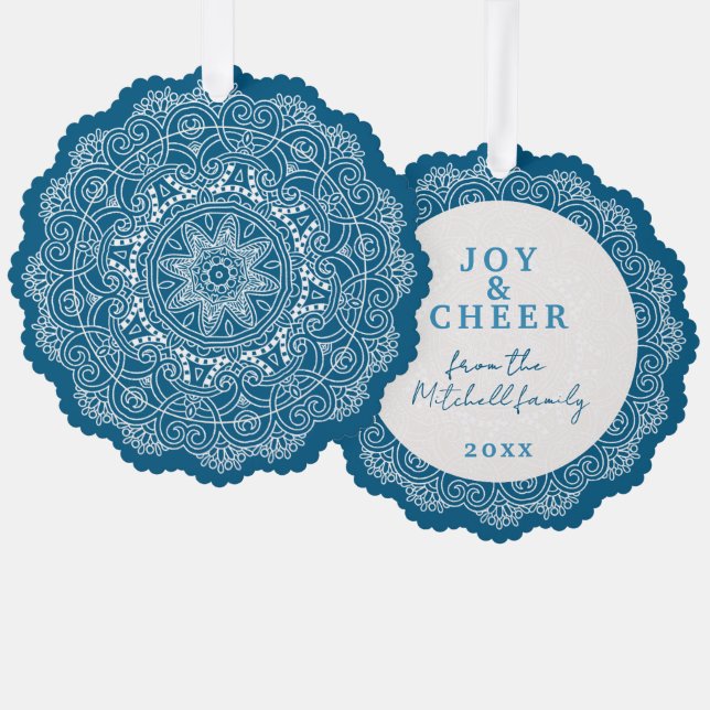 Custom Ivory White Mandala Wreath On Blue Tree Decoration Card (Front/Back)
