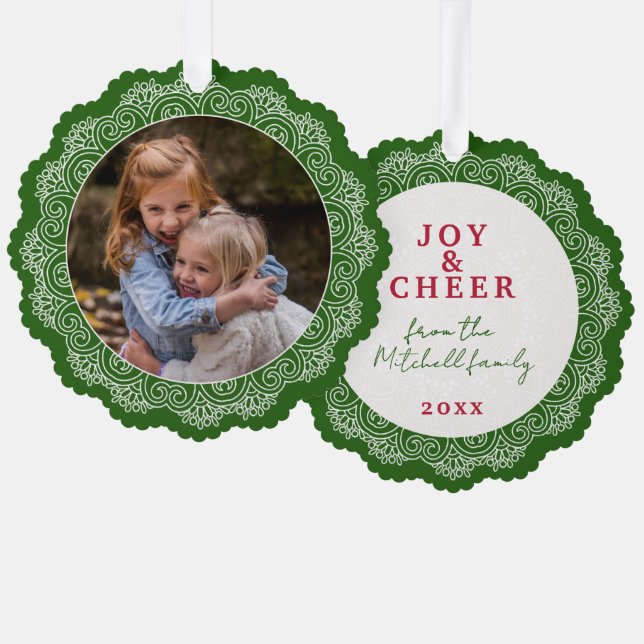 Custom Ivory White Mandala Wreath On Green Tree Decoration Card (Front/Back)