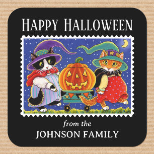 Custom Jack O'Lantern Halloween Witch Cat Square Sticker