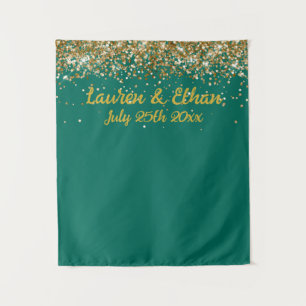 Custom Jade Green Gold Glitter Wedding Photo Booth Tapestry