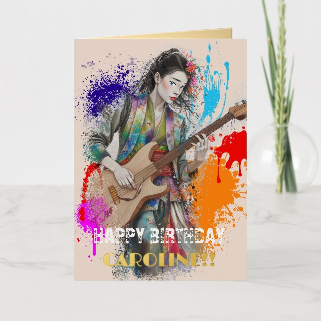 Custom Japanese Woman Guitarist Art Inspirational Foil Greeting Card (Front)