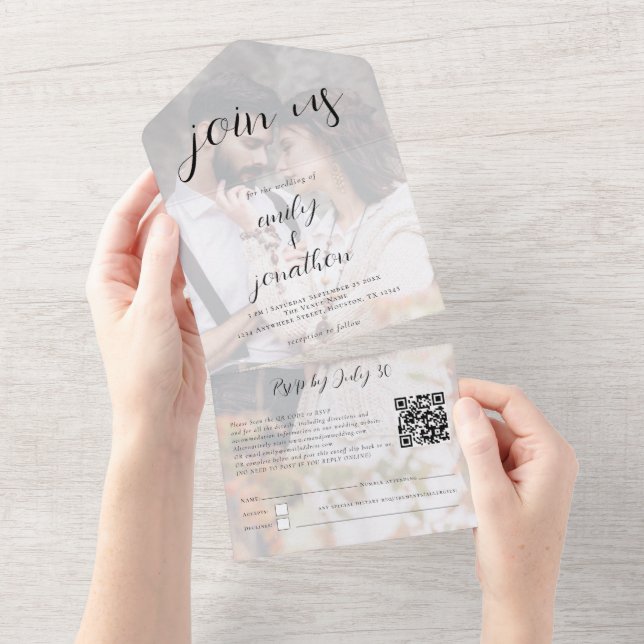 Custom Join Us QR Code Modern Script Photo Overlay All In One Invitation (Tearaway)