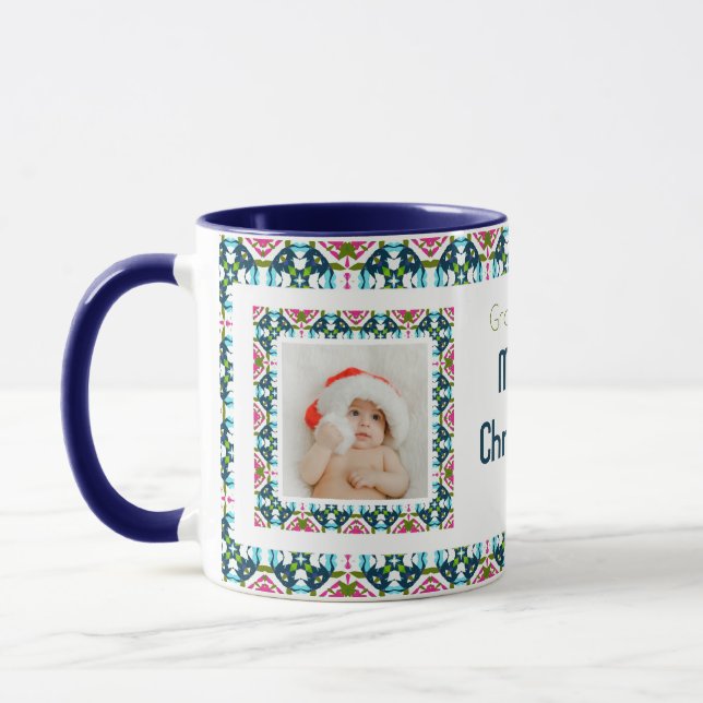 Custom Jolly Blue Merry Christmas Photo Tea Coffee Mug (Left)