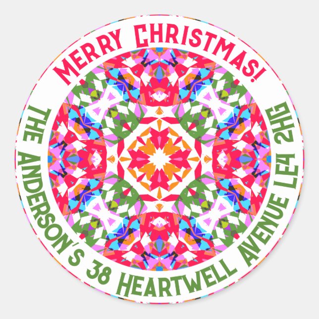 Custom Jolly Colourful Modern Christmas Address Classic Round Sticker (Front)
