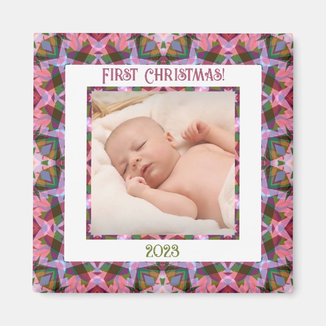 Custom Jolly Festive Christmas Pink Photo Picture Magnet (Front)