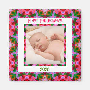 Custom Jolly Festive Christmas Pink Photo Picture Magnet