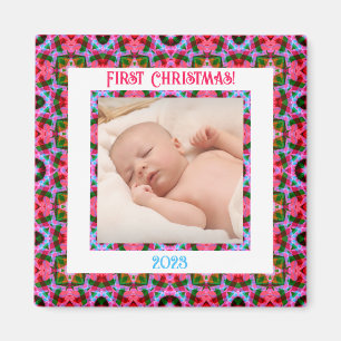Custom Jolly Festive Christmas Pink Photo Picture Magnet