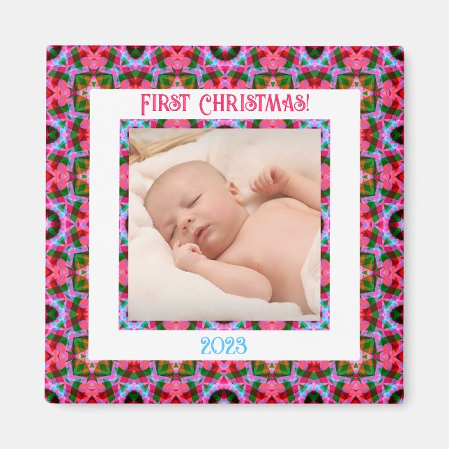 Custom Jolly Festive Christmas Pink Photo Picture Magnet (Front)