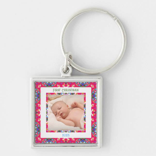 Custom Jolly Happy First Christmas Photo Frame Key Ring (Front)