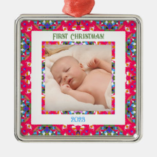 Custom Jolly Happy First Christmas Photo Frame Metal Tree Decoration