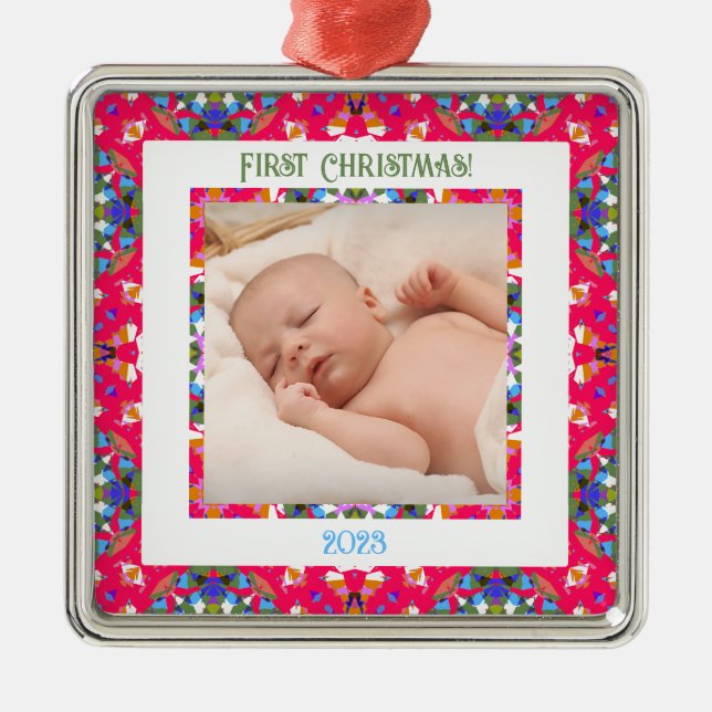 Custom Jolly Happy First Christmas Photo Frame Metal Tree Decoration (Front)