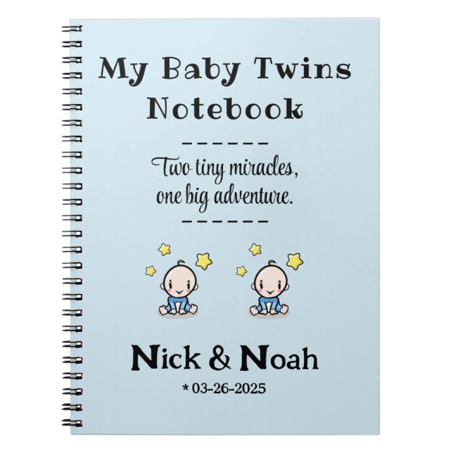 Custom Journal, Personalised Baby Boy Twins,  Notebook (Front)
