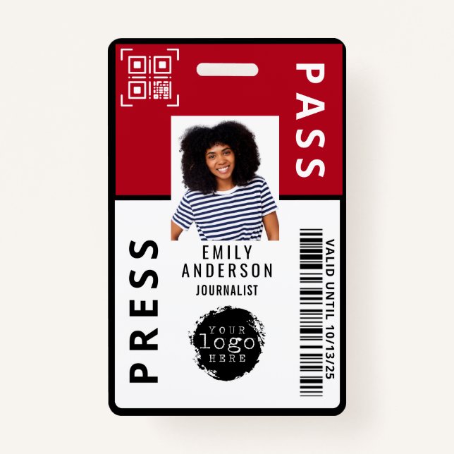Custom Journalist Media Pass Photo ID Logo | Red ID Badge (Front)