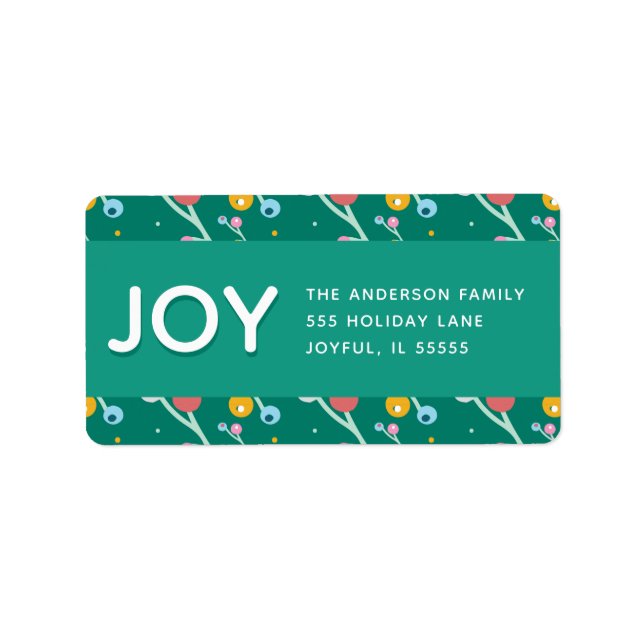 Custom Joy Holiday Berries Green Modern Address Label (Front)