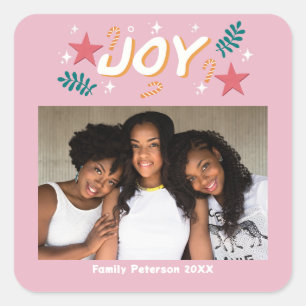 custom joy trendy photo girly cute pink christmas square sticker