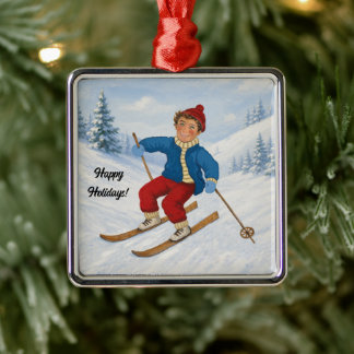 Custom Joyful Skier Metal Tree Decoration
