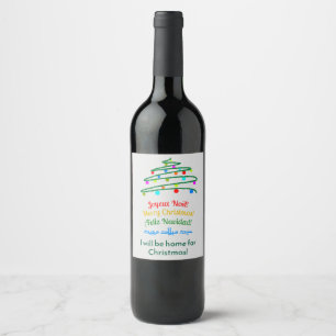 Custom Joyous Multilingual Merry Christmas Tree Wine Label