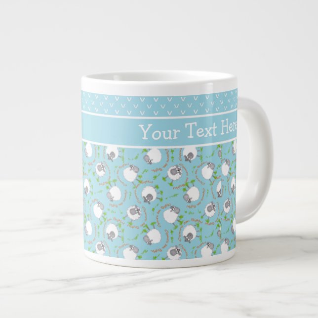Custom Jumbo Coffee Mug: Blue, Fun Sheep Patterns Large Coffee Mug (Front Right)