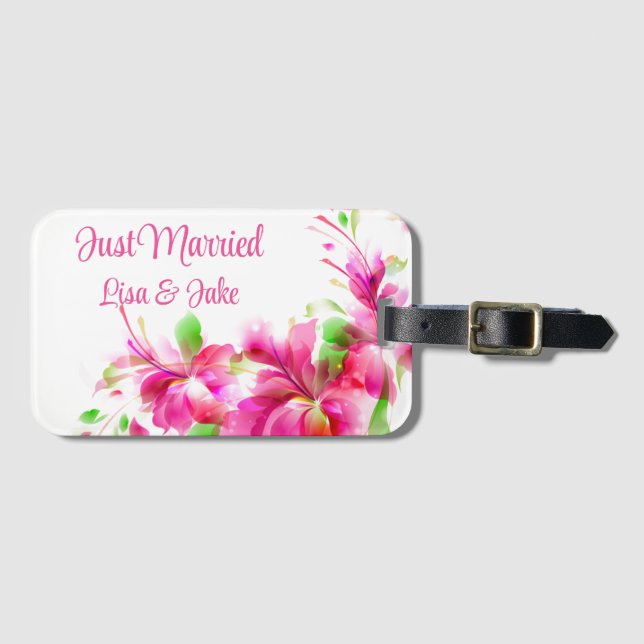 Custom Just Married Floral Luggage Tag (Front Horizontal)