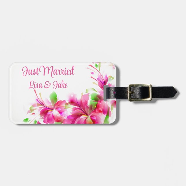 Custom Just Married Floral Luggage Tag (Front Horizontal)