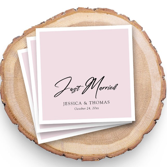 Custom Just Married hand lettered on blush wedding Napkin (Personalized Just Married napkins with the couple's names and wedding date.)