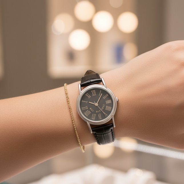 Custom Just Married Watch Gift for Husband or Wife (Black Leather Couple Gift – Personalized Bachelorette, Wedding or Engagement Present)