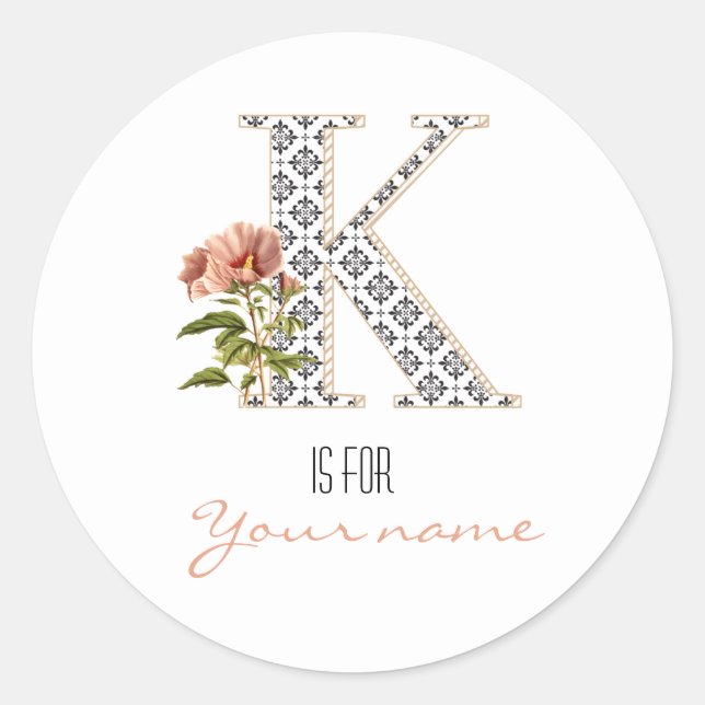 Custom K Name Floral Flower Classy Letter K Modern Classic Round Sticker (Front)