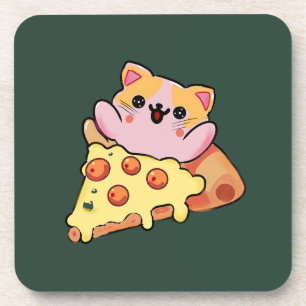 Custom Kawaii Cat Hugging Pepperoni Pizza Cartoon Coaster