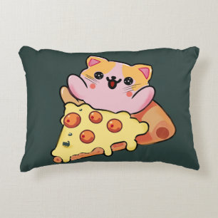 Custom Kawaii Cat Hugging Pepperoni Pizza Cartoon Decorative Cushion