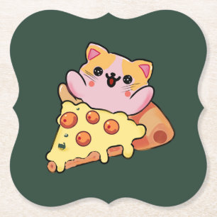 Custom Kawaii Cat Hugging Pepperoni Pizza Cartoon Paper Coaster