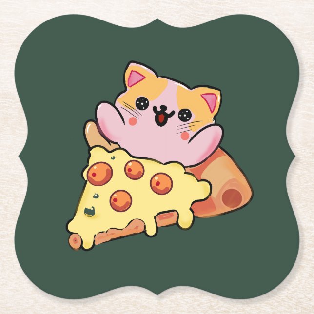 Custom Kawaii Cat Hugging Pepperoni Pizza Cartoon Paper Coaster (Front)