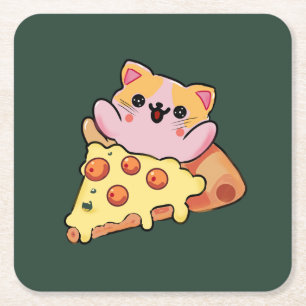 Custom Kawaii Cat Hugging Pepperoni Pizza Cartoon Square Paper Coaster