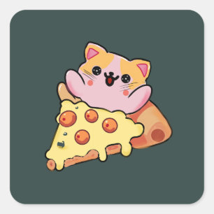 Custom Kawaii Cat Hugging Pepperoni Pizza Cartoon Square Sticker