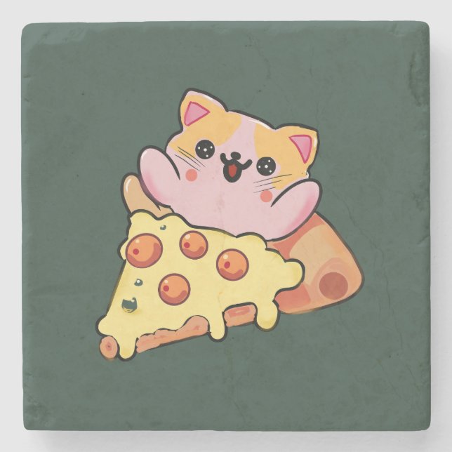Custom Kawaii Cat Hugging Pepperoni Pizza Cartoon Stone Coaster (Front)