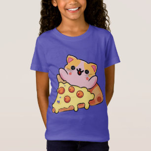 Custom Kawaii Cat Hugging Pepperoni Pizza Cartoon T-Shirt