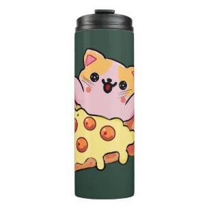 Custom Kawaii Cat Hugging Pepperoni Pizza Cartoon Thermal Tumbler