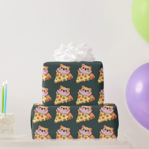 Custom Kawaii Cat Hugging Pepperoni Pizza Cartoon Wrapping Paper