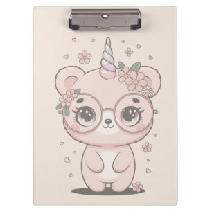 Custom Kawaii Unicorn Bear Face Floral Glasses Clipboard