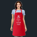 Custom keep calm and carry on funny kitchen or bbq apron<br><div class="desc">Custom keep calm and carry on funny kitchen or BBQ apron for men and women. Vintage typography template with crown silhouette. Personalised cooking aprons in any colour. Trendy template with fun typography design. Add your own name or humourous quote. Create your own unique Birthday party gift for mum, dad, sister,...</div>