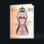 Custom Keep Calm and Play Netball 21st Birthday Card<br><div class="desc">Netball player custom birthday  greeting card design,  with keep calm and play netball Diva quote. Choose your own custom dress colors.</div>
