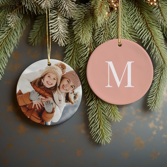 Custom Keepsake Photo and Monogram Christmas Ceramic Tree Decoration (Creator Uploaded)