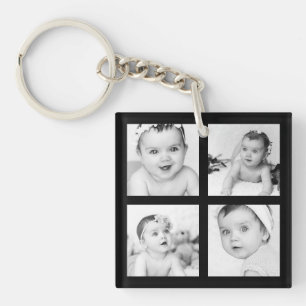 Custom Keepsake Photo Collage Black 4 Images Key Ring